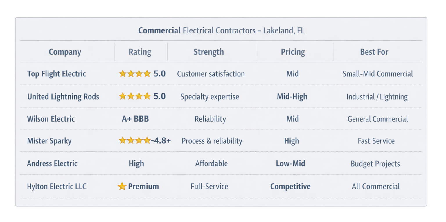 Comparison Table: Top Electrical Contractors in Lakeland
