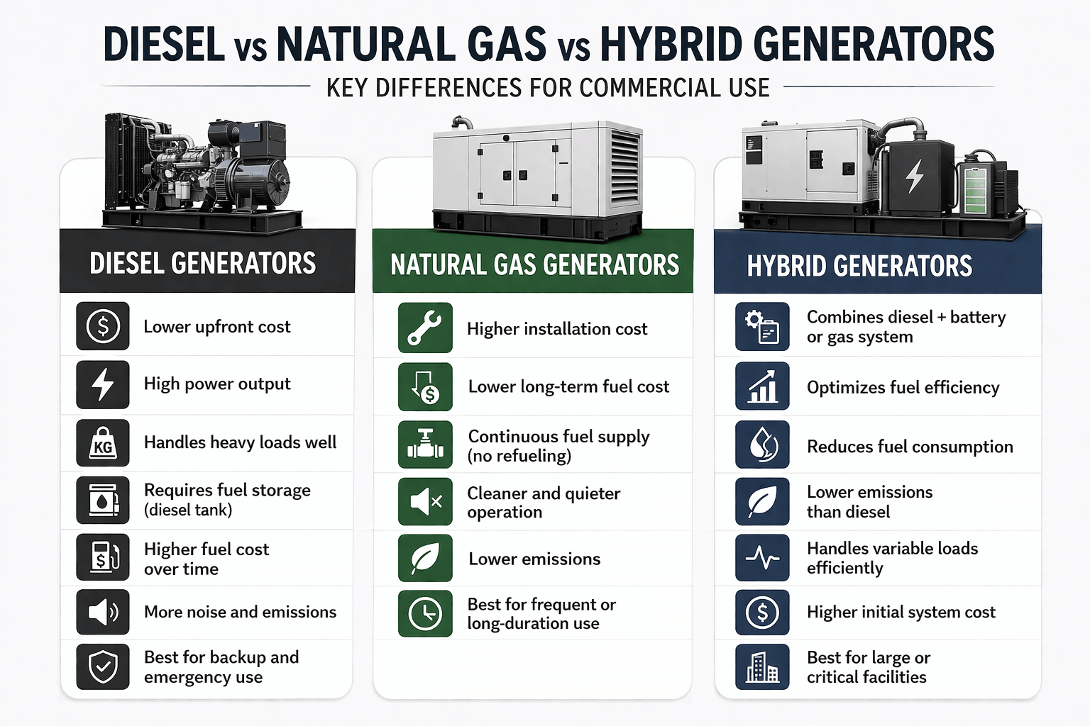 Three-column comparison infographic showing diesel, natural gas, and hybrid generators with key features like cost, efficiency, fuel usage, emissions, and best use cases in a clean minimalist layout