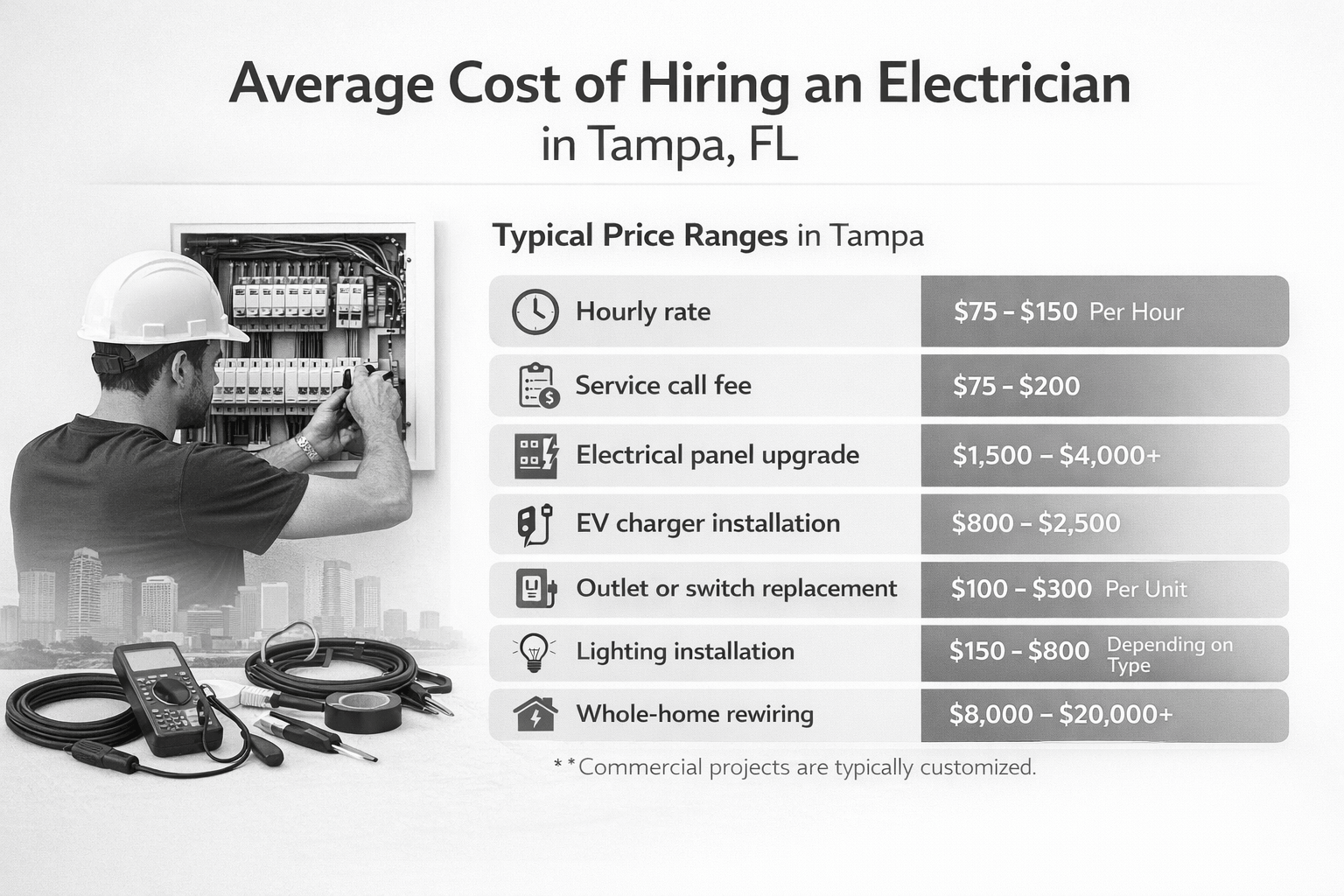Average cost of hiring an electrician in Tampa, FL infographic showing hourly rates, panel upgrades, EV charger installation, and rewiring price ranges.