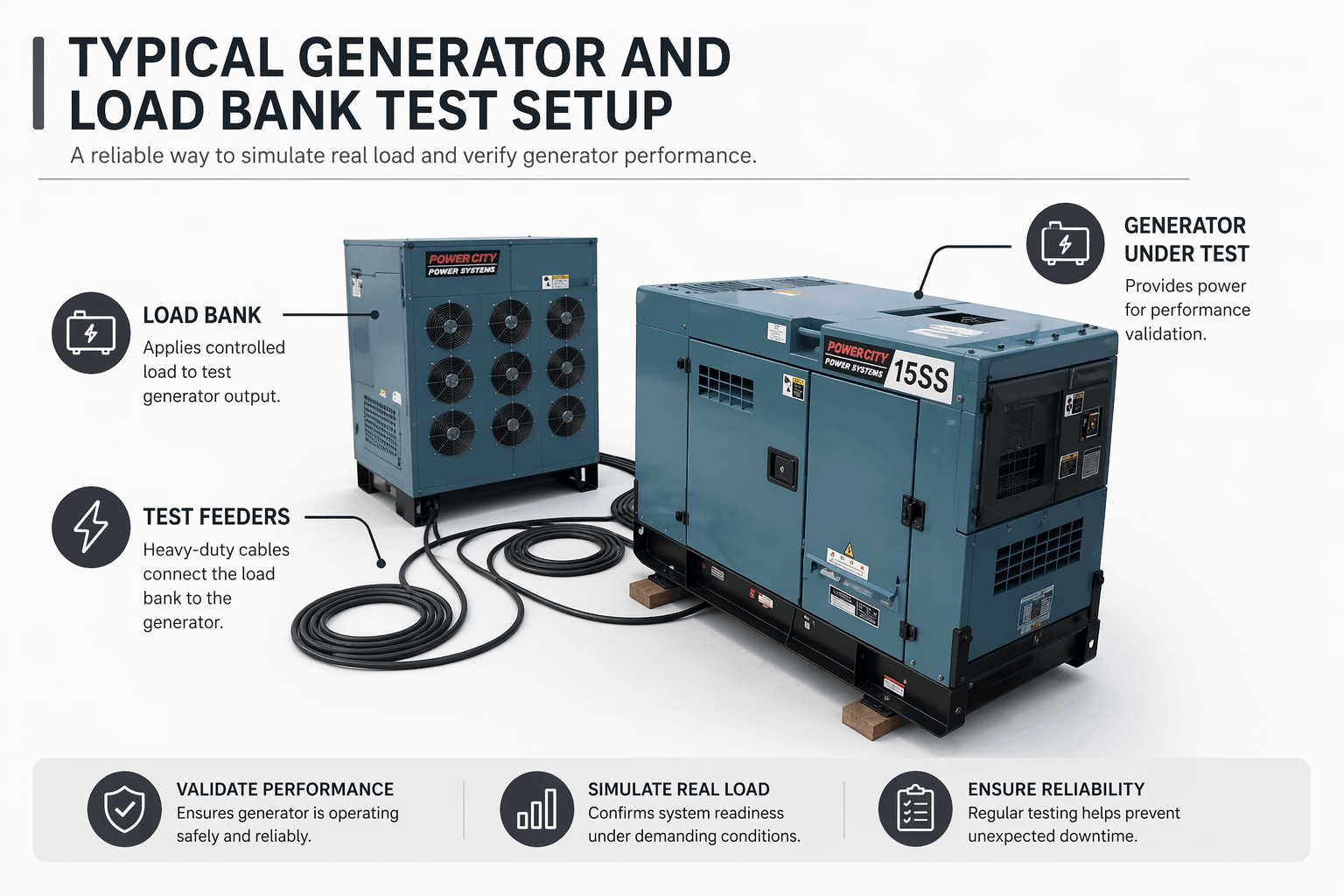 Minimal grayscale infographic showing generator load bank testing setup with cables, equipment, and labeled components clearly displayed.
