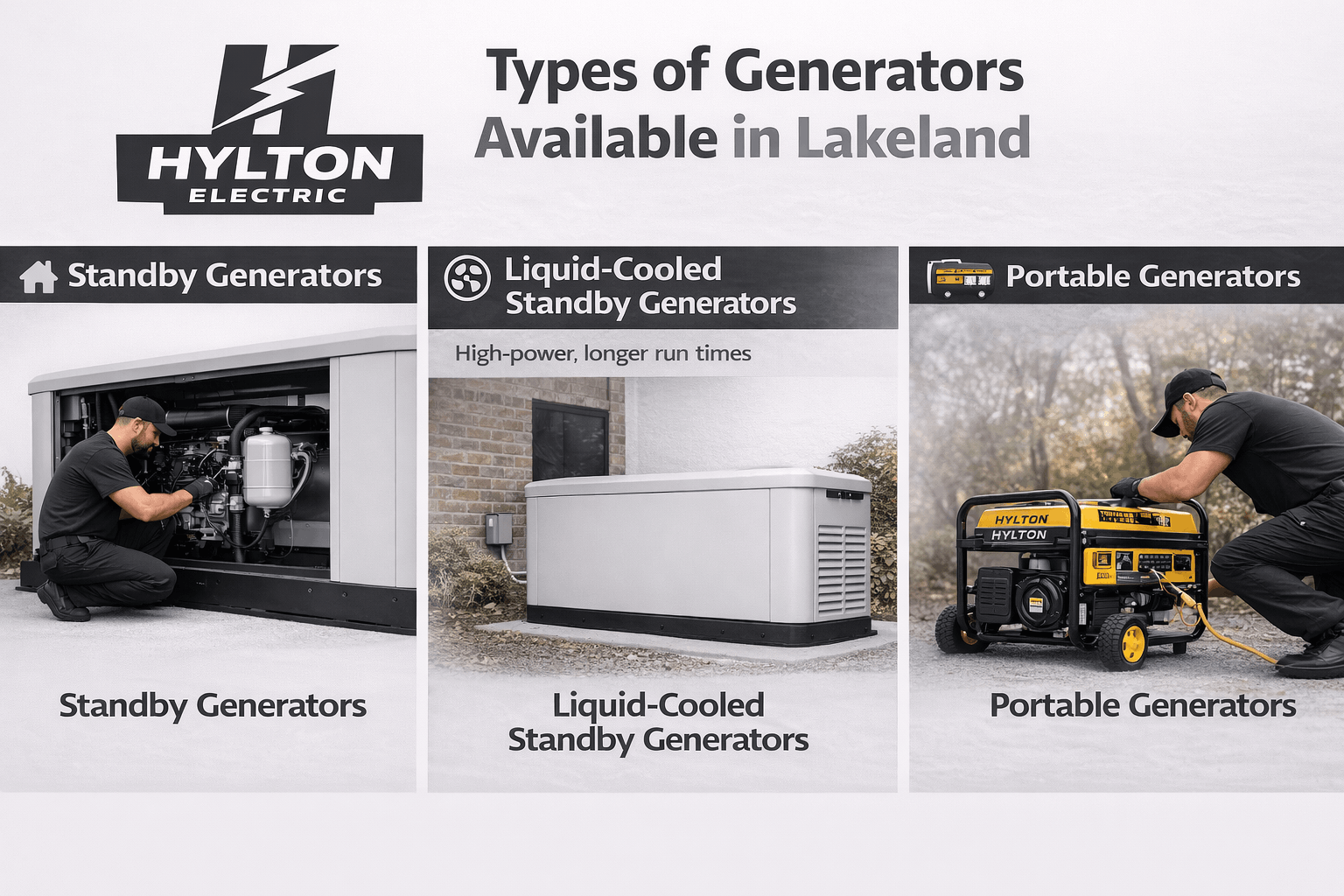 Minimalist landscape graphic showing three generator types labeled: Standby Generators, Liquid-Cooled Standby Generators, and Portable Generators, with clean light background and monochrome Hylton Electric branding.