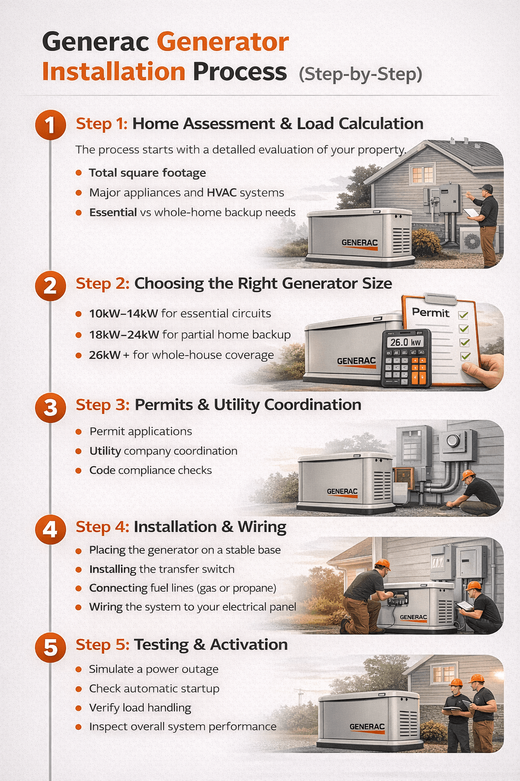 Minimalist infographic showing the Generac generator installation process with five steps: home assessment, generator sizing, permits, installation, and testing, presented with clean bullet points.