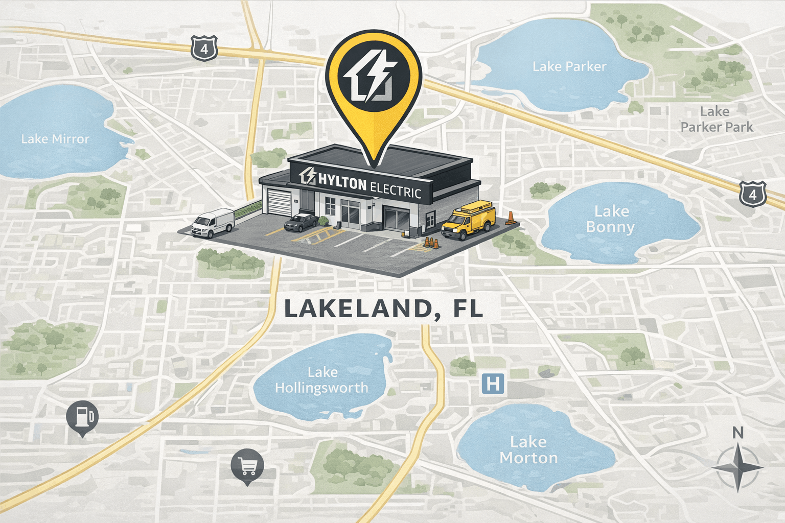 Minimalist illustrated map of Lakeland, Florida highlighting Hylton Electric location with a clear marker, showing roads, neighborhoods, and key landmarks in a clean light grey and white design.