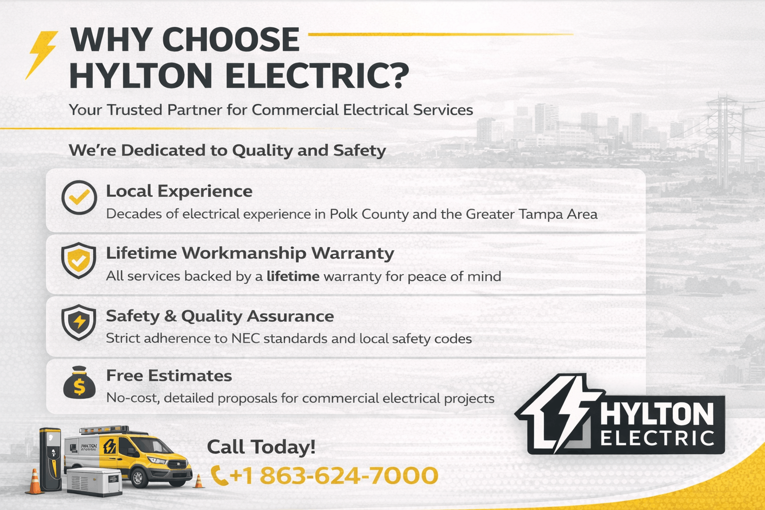 Minimalist “Why Choose Hylton Electric” graphic with a clean light background, modern typography, and icon-based layout highlighting safety compliance, local experience, lifetime workmanship warranty, and free estimates for commercial clients.