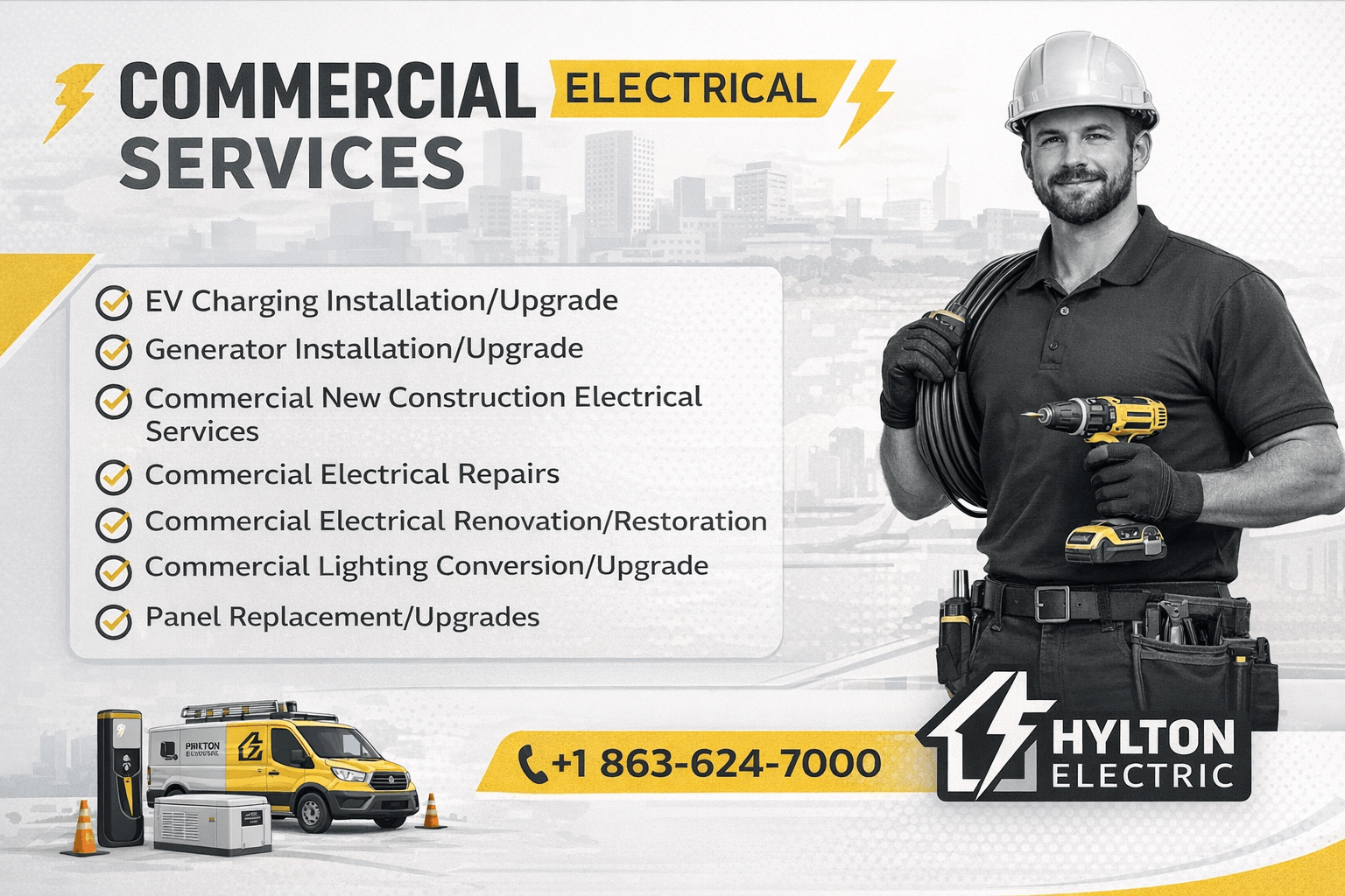 Minimalist promotional graphic for Hylton Electric featuring a clean light background with modern layout, highlighting commercial electrical services like EV charging, generator installation, panel upgrades, and repairs, along with a clear contact phone number.
