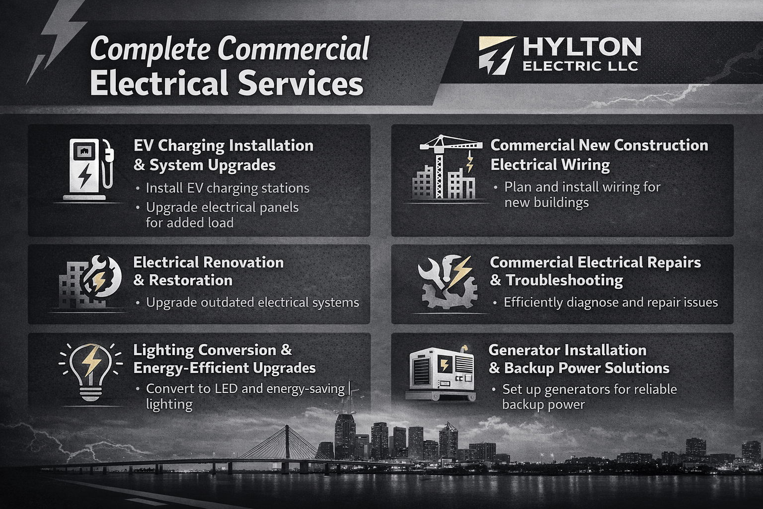 Commercial electrical services infographic by Hylton Electric LLC showing EV charging installation, electrical wiring, repairs, lighting upgrades, and generator solutions in Tampa, FL