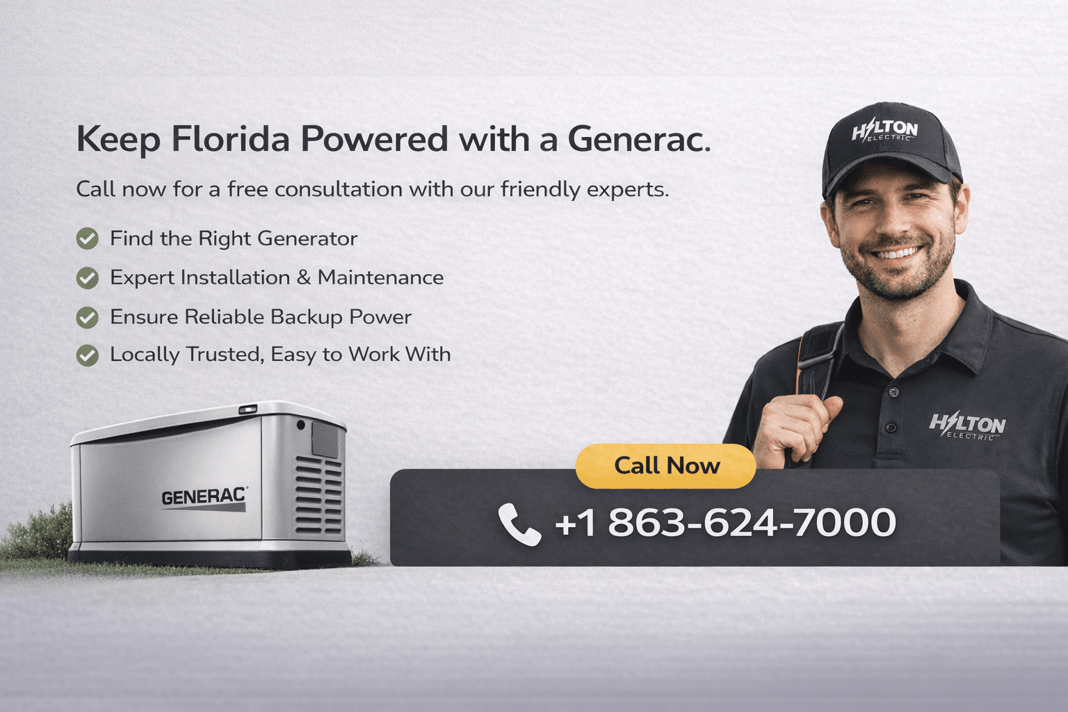 Professional CTA banner for generator services with light grey background, technician, Generac unit, and call now phone number displayed