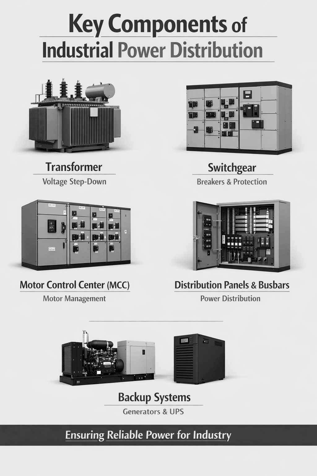 Minimalist grayscale infographic titled “Key Components of Industrial Power Distribution” showing transformer, switchgear, motor control center (MCC), distribution panels and busbars, and backup systems (generator and UPS), each labeled with its function on a light background.