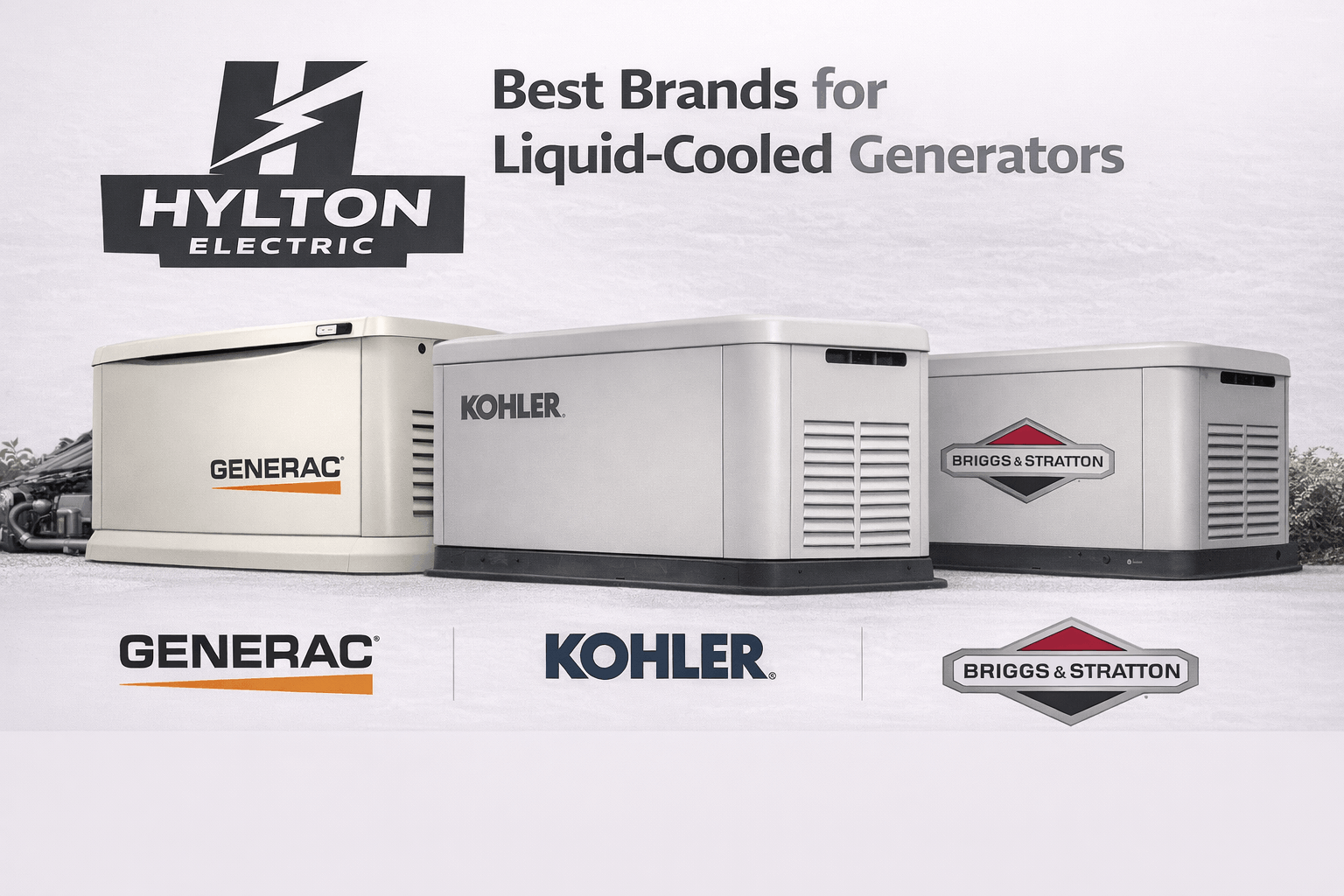 Minimalist graphic showing three liquid-cooled generators with brand logos: Generac, Kohler, and Briggs & Stratton, under the heading “Best Brands for Liquid-Cooled Generators,” using a clean light background and monochrome Hylton Electric style.
