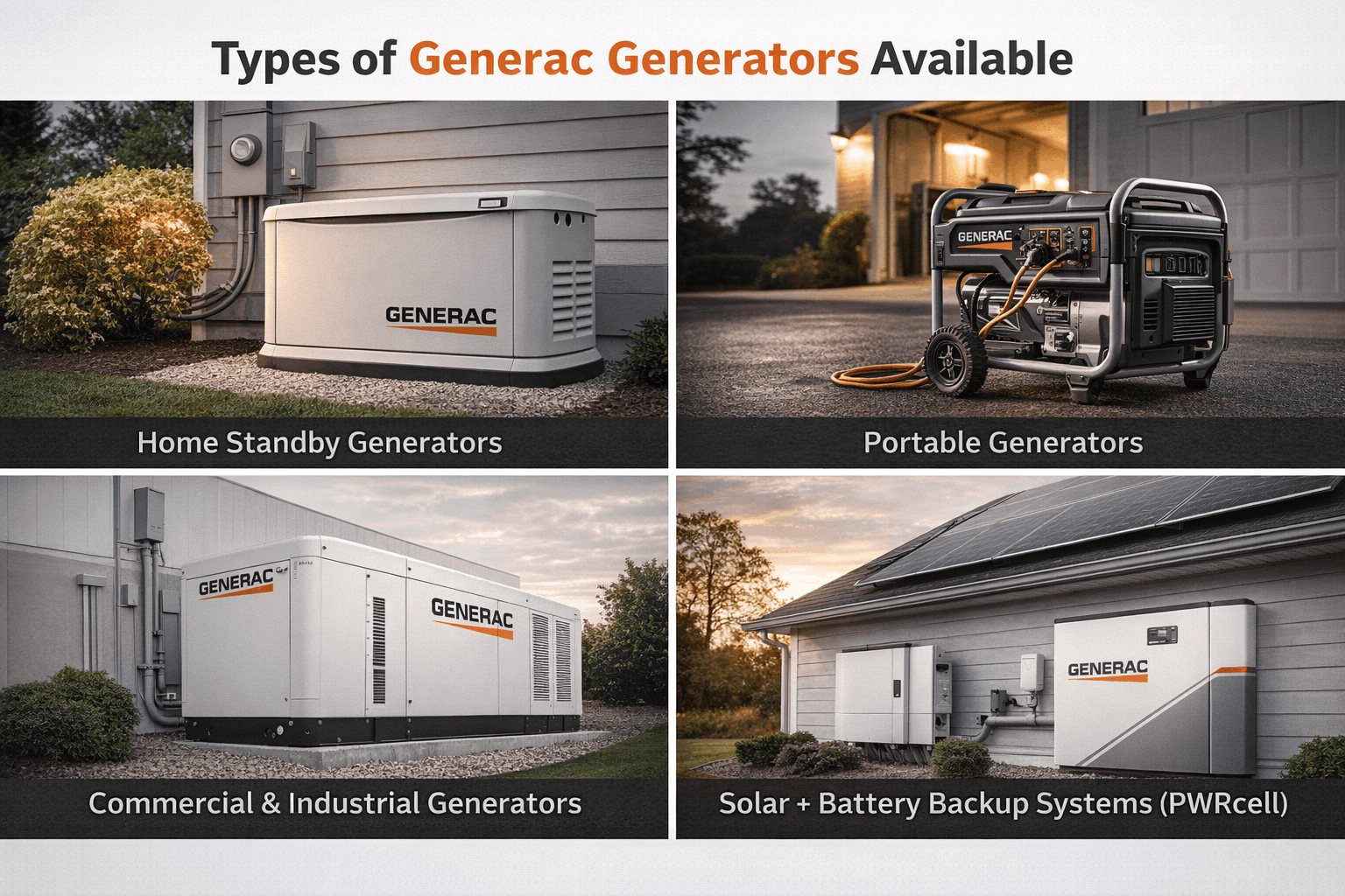 Minimalist collage showing four types of Generac generators: home standby unit beside a house, portable generator for outdoor use, large commercial generator system, and solar battery backup setup, each clearly labeled on a light background.