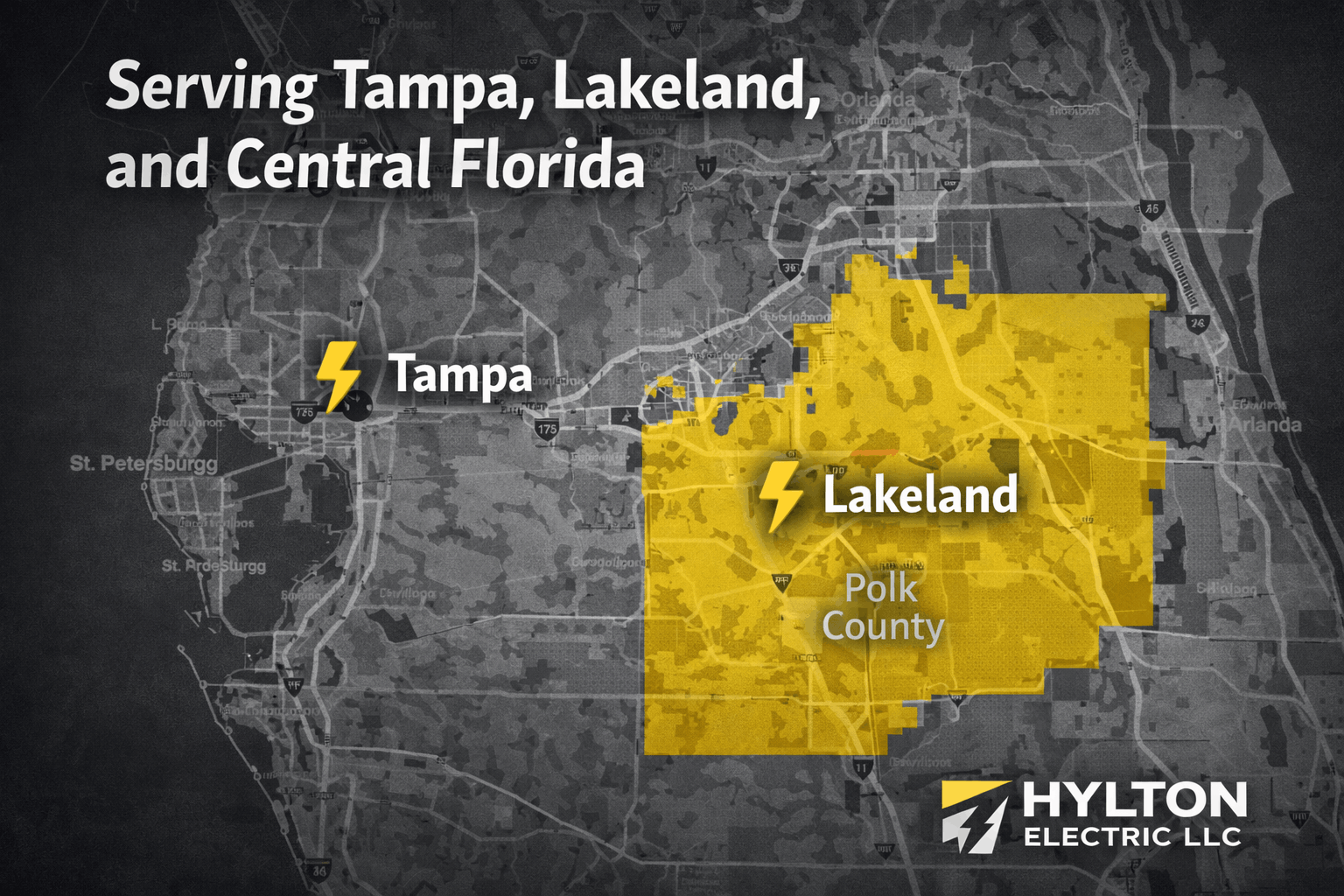 Service area map of Hylton Electric LLC covering Tampa, Lakeland, Polk County, and Central Florida commercial electrical services