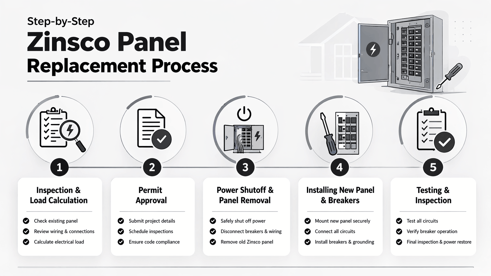Infographic showing five-step Zinsco electrical panel replacement process from inspection and permits to removal, new panel installation, and final testing