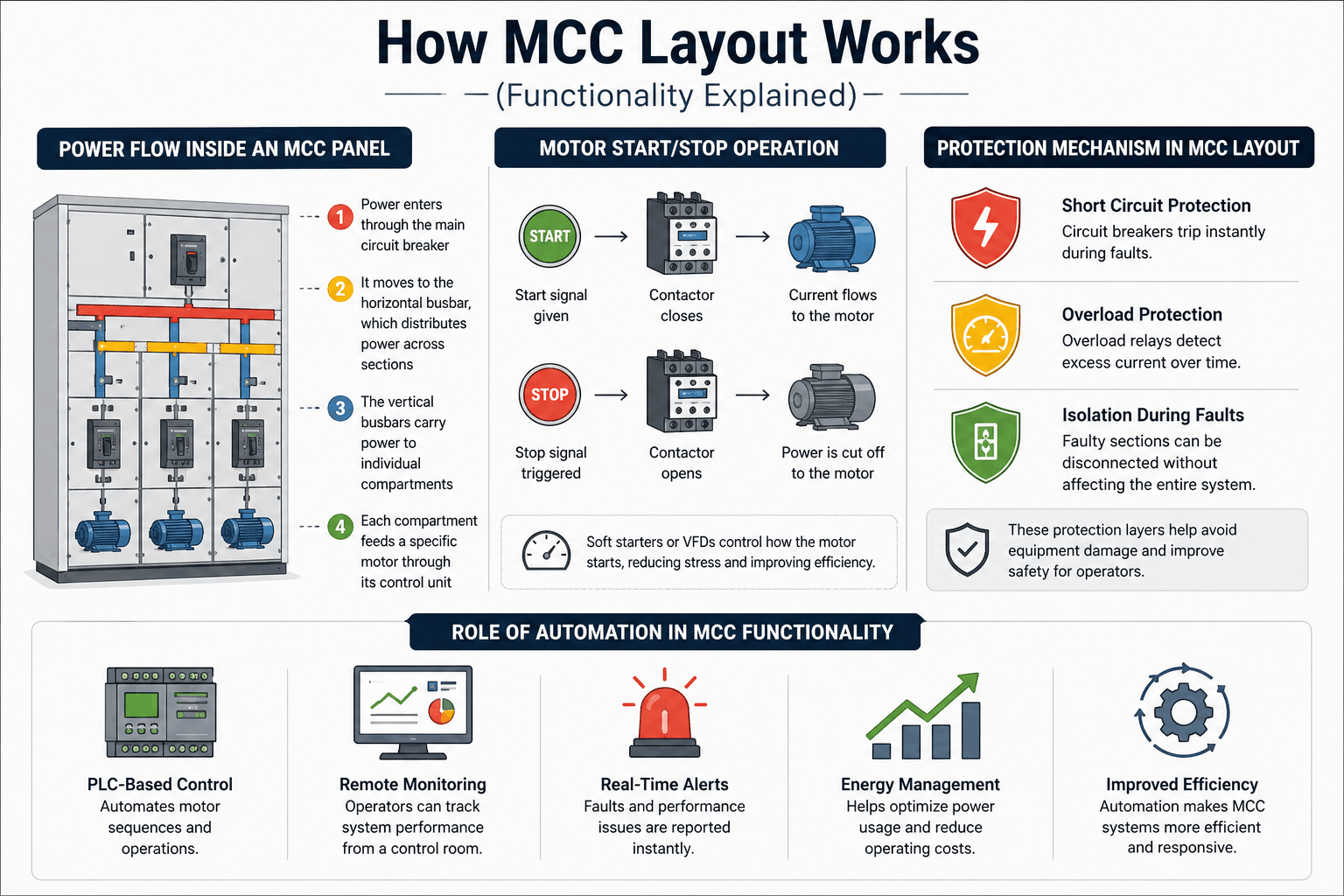 Minimalist MCC (Motor Control Center) functionality infographic showing power flow, motor start/stop operation, protection mechanisms, and automation features, presented in a clean grey and white layout with simple icons and structured sections.
