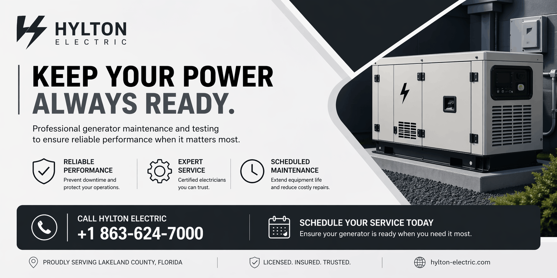 Minimal grayscale CTA banner promoting generator maintenance services with contact number, schedule service message, and backup power visual.