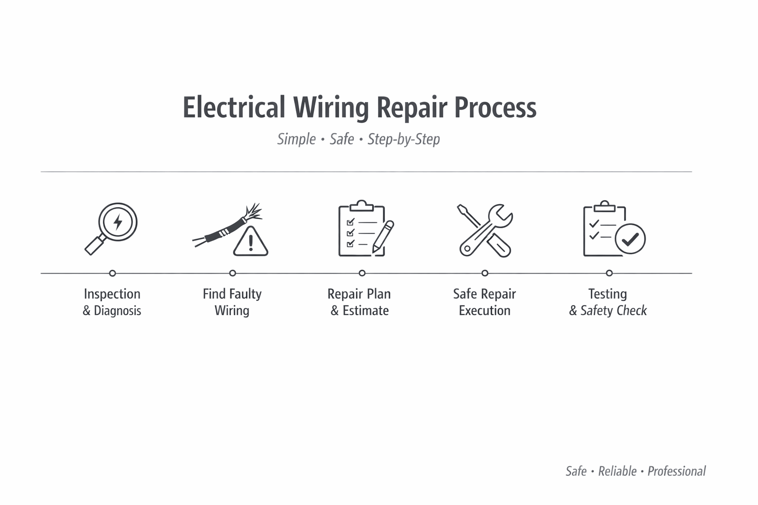 Minimalist landscape infographic showing five-step electrical wiring repair process with icons: inspection, faulty wiring, planning, repair execution, and testing safety checks.