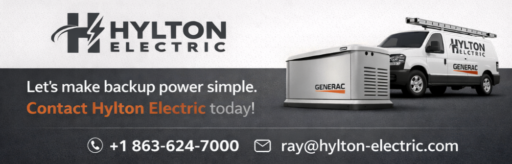 Minimalist CTA banner for Hylton Electric featuring a clean light background with dark grey and black text, highlighting generator installation services and clear contact details for quick action.