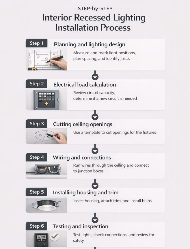 Minimalist flowchart infographic showing six-step recessed lighting installation process, from planning and wiring to housing installation, testing, and final inspection stages.