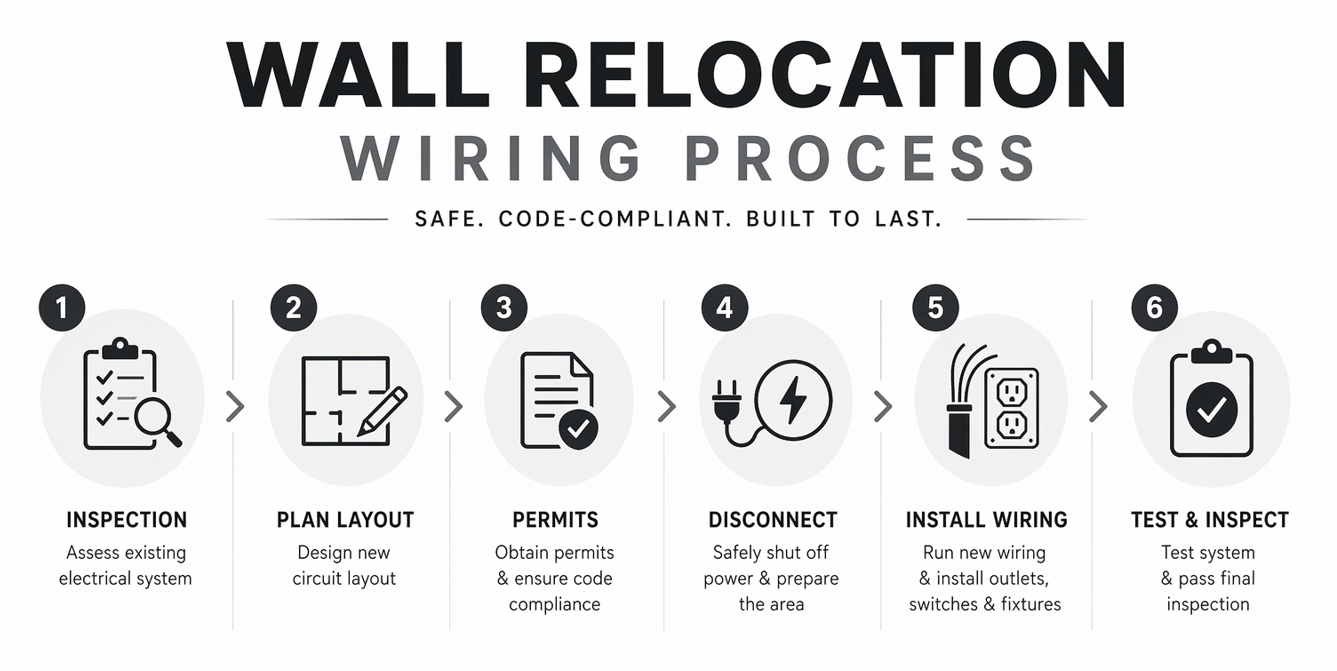 Minimalist monochrome infographic showing a 6-step wall relocation wiring process—inspection, layout planning, permits, disconnection, wiring installation, and final testing—designed for Hylton Electric with clean icons and a light background.