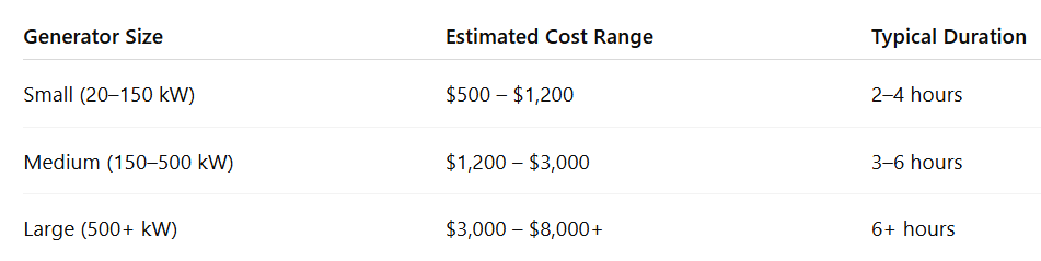 Generator Size Estimated Cost Range Typical Duration Small (20–150 kW) $500 – $1,200 2–4 hours Medium (150–500 kW) $1,200 – $3,000 3–6 hours Large (500+ kW) $3,000 – $8,000+ 6+ hours
