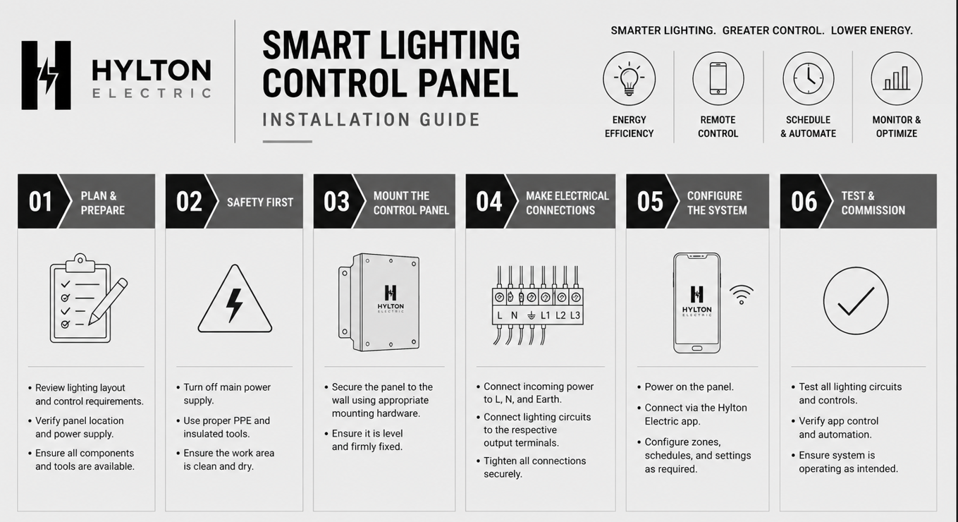Minimalist monochrome infographic showing smart lighting control panel installation steps with icons and structured layout