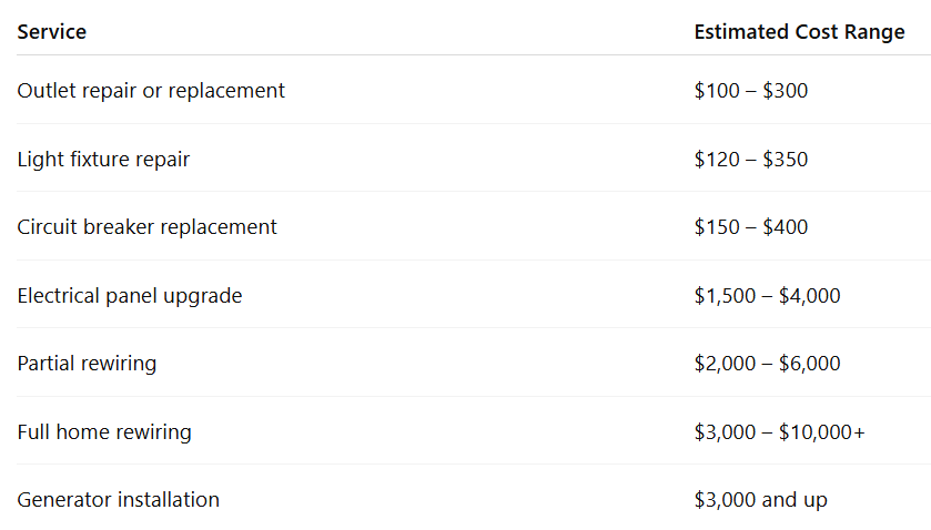 Here’s a simple overview of common electrical repair costs in Tampa:
