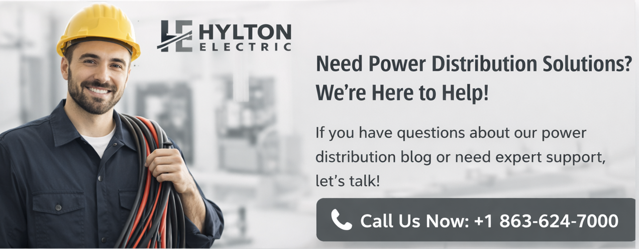 Hylton Electric call-to-action banner with electrician holding cables and message inviting users to call for power distribution services at +1 863-624-7000.