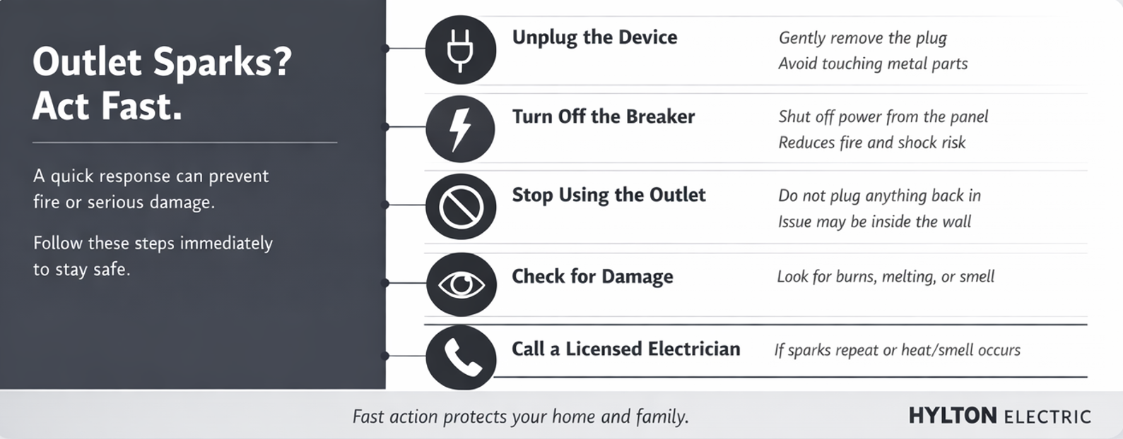 Minimalist electrical safety graphic showing sparking outlet steps: unplug device, turn off breaker, avoid reuse, inspect damage, call electrician.