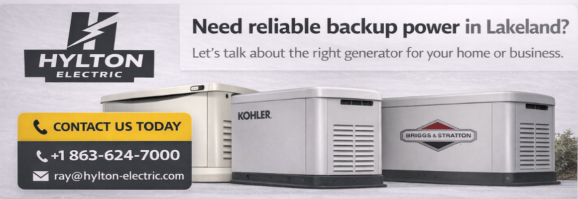 Minimalist CTA banner for Hylton Electric showing backup generators with message “Need reliable backup power in Lakeland?” and contact details including phone number and email on a clean light grey background.