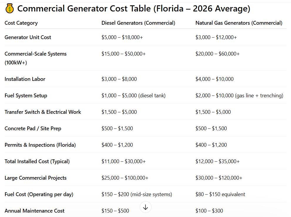 Vertical cost comparison infographic showing diesel vs natural gas commercial generators in Florida, including installation, fuel system, electrical work, permits, and total cost ranges in a clean monochrome layout