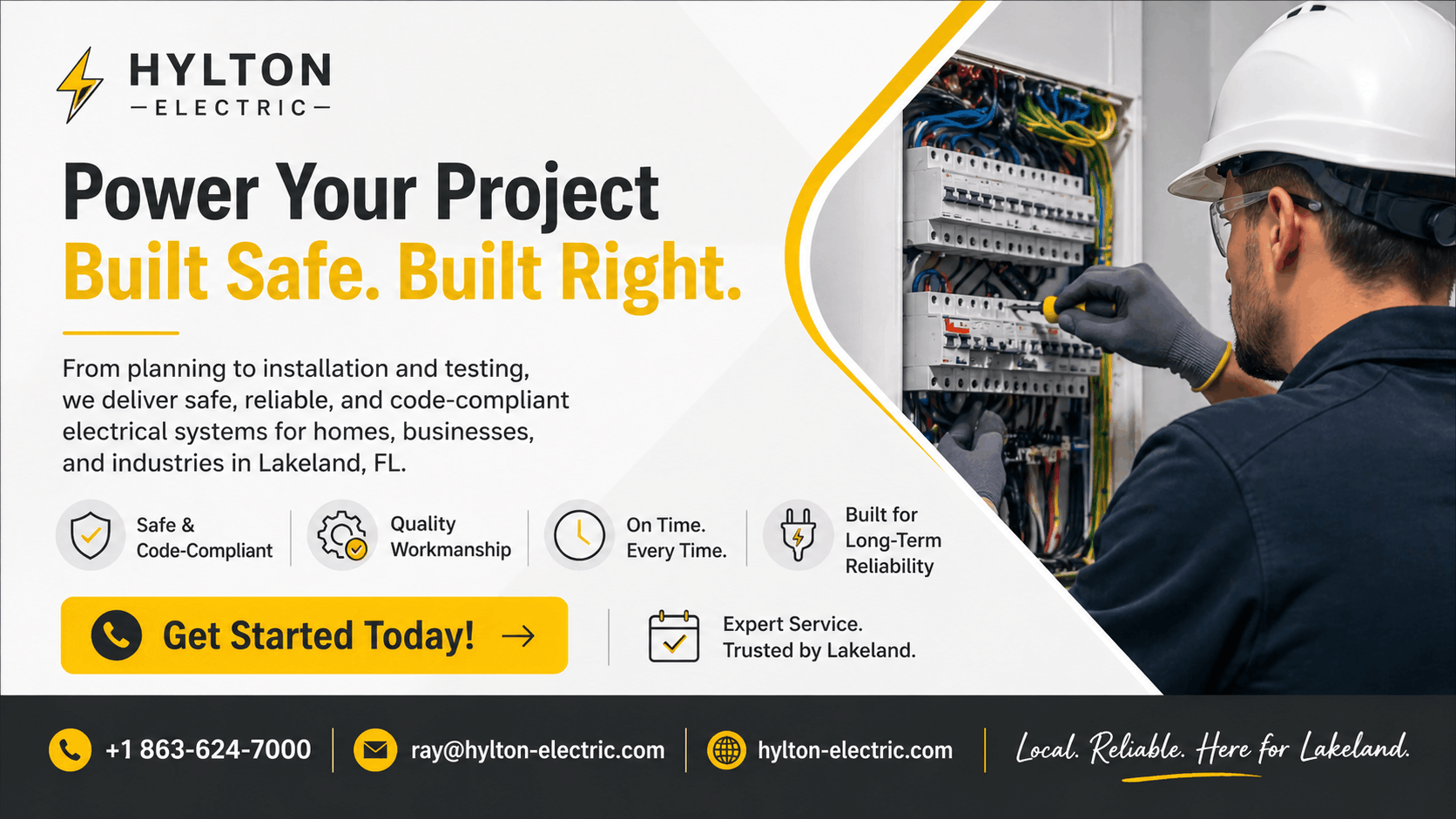 Minimalist electrical installation CTA banner showing an electrician working on a panel, with bold headline about safe and reliable installation, clean grey and black layout, and contact details with call-to-action button.