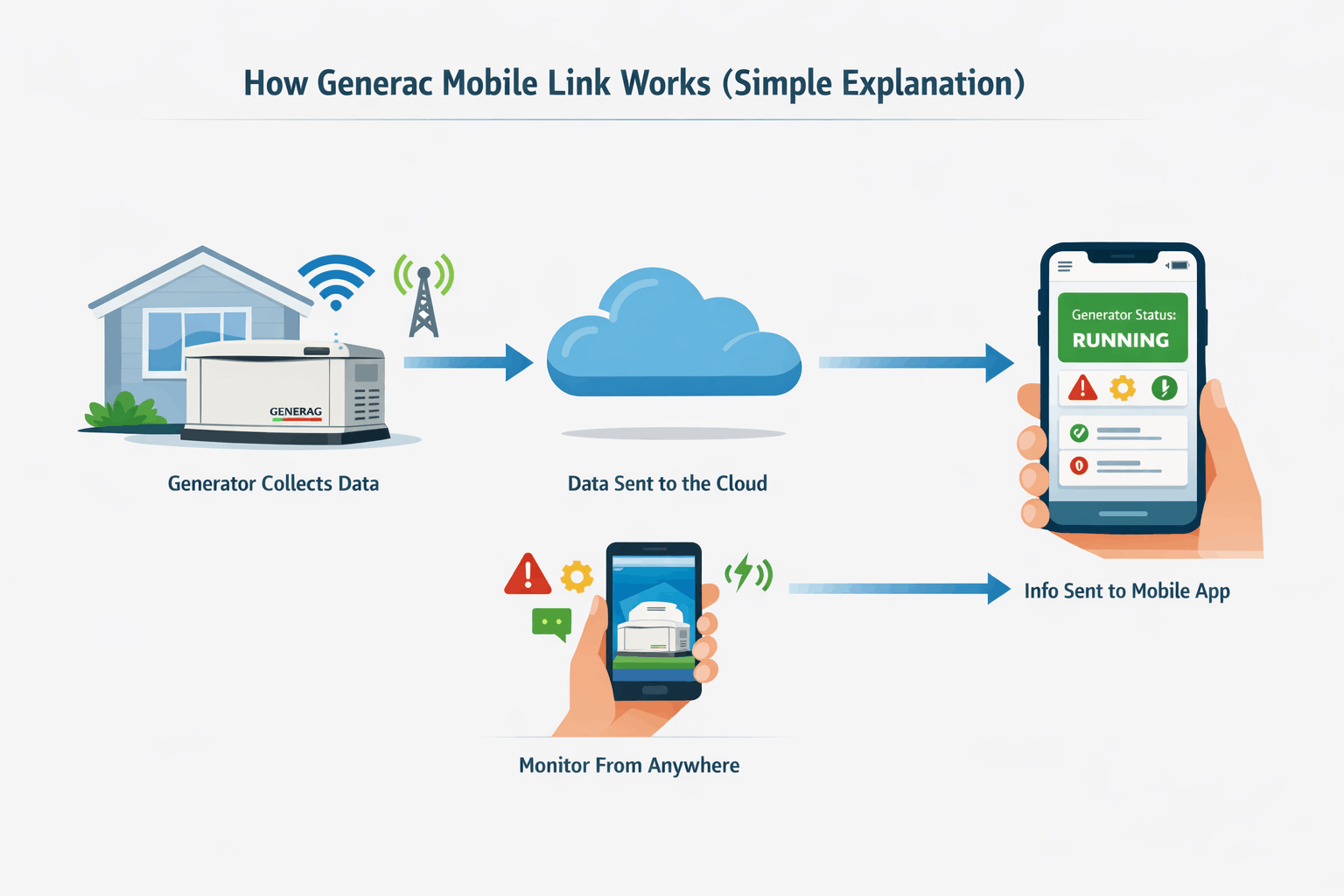Illustration showing Generac generator sending data via Wi-Fi to cloud, then to mobile app for real-time monitoring and alerts