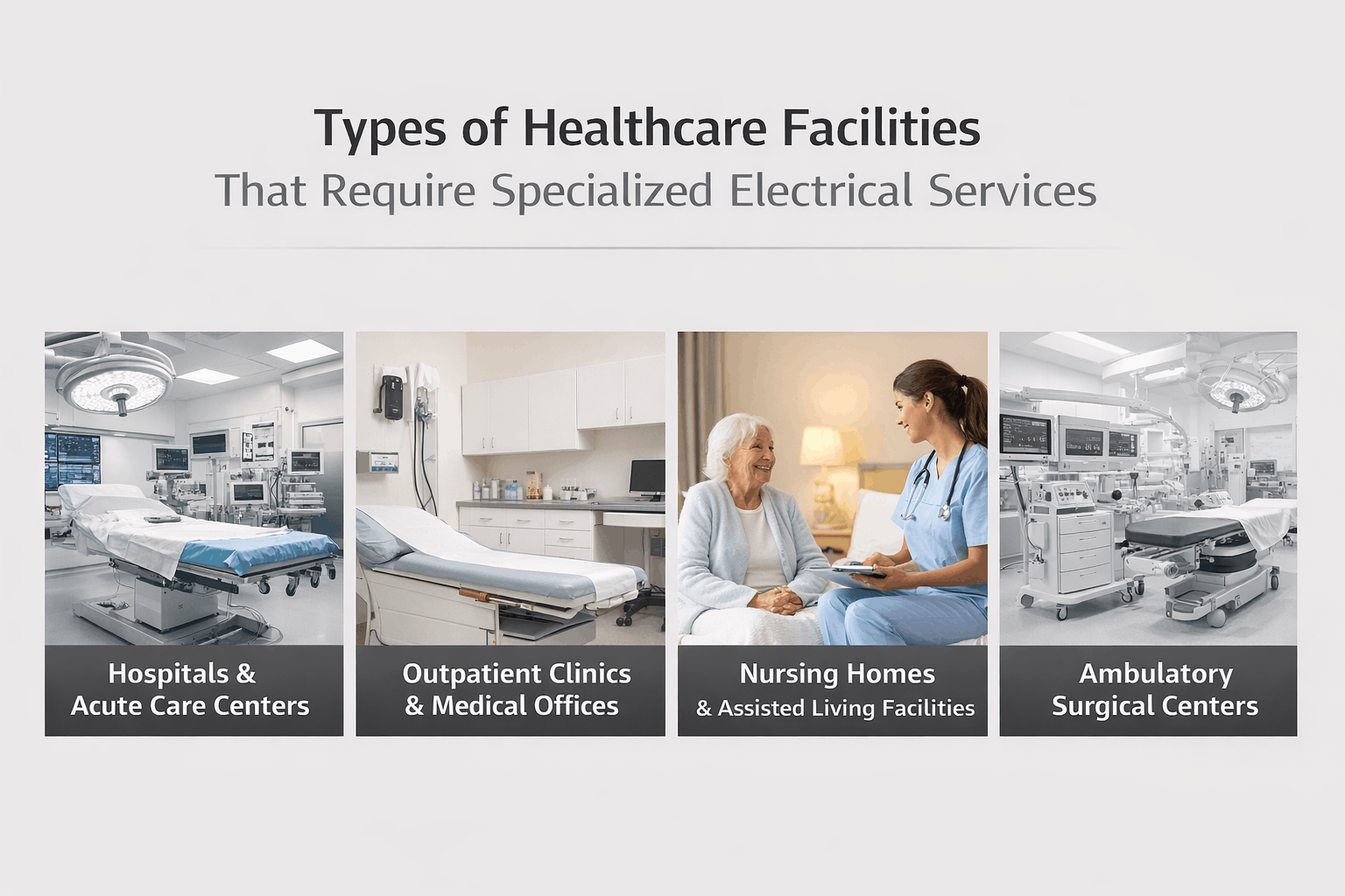 Infographic showing four healthcare facility types: hospitals, clinics, nursing homes, and surgical centers with labels