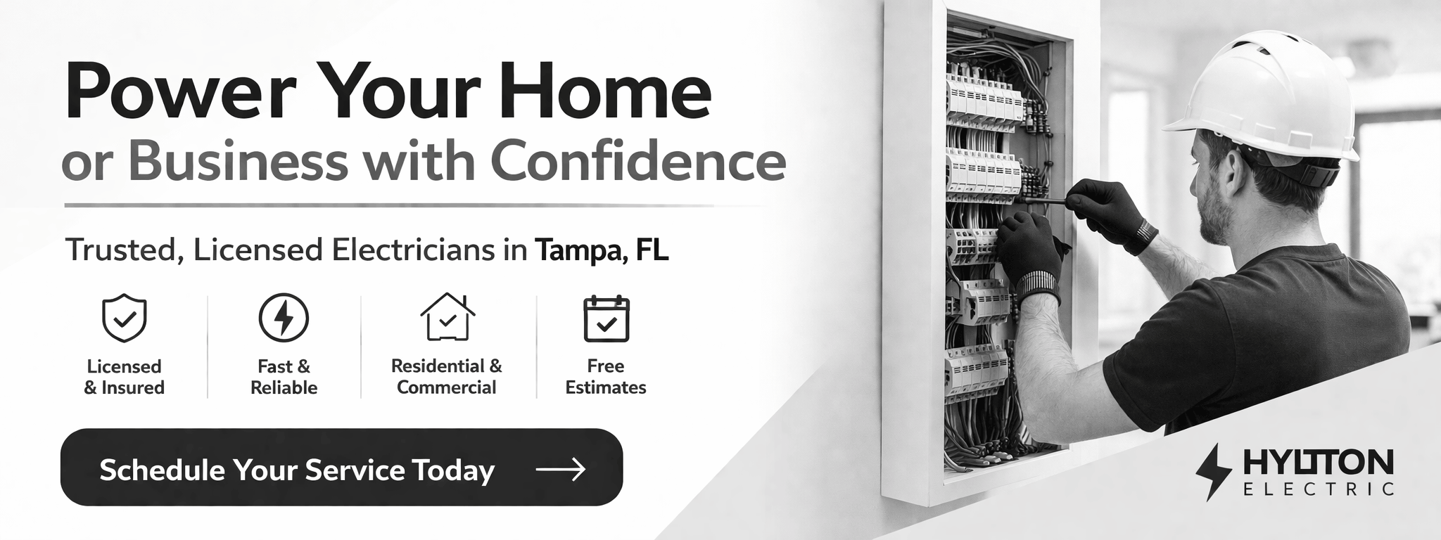 Hylton Electric CTA banner with electrician working on panel and message to schedule service in Tampa, FL.