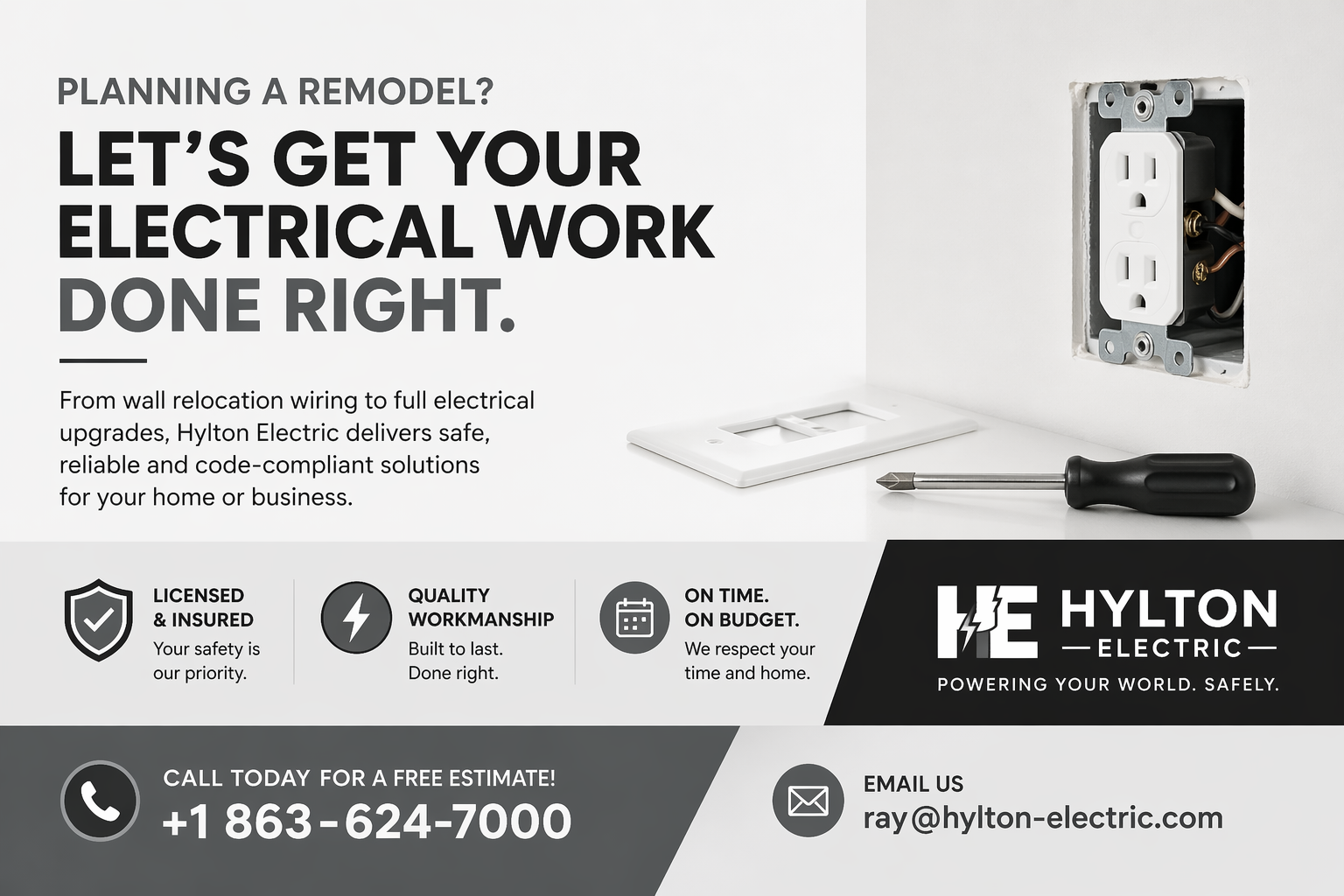 Minimalist black, grey, and white banner for Hylton Electric showing an open wall outlet, tools, and a call-to-action for electrical services with contact details.
