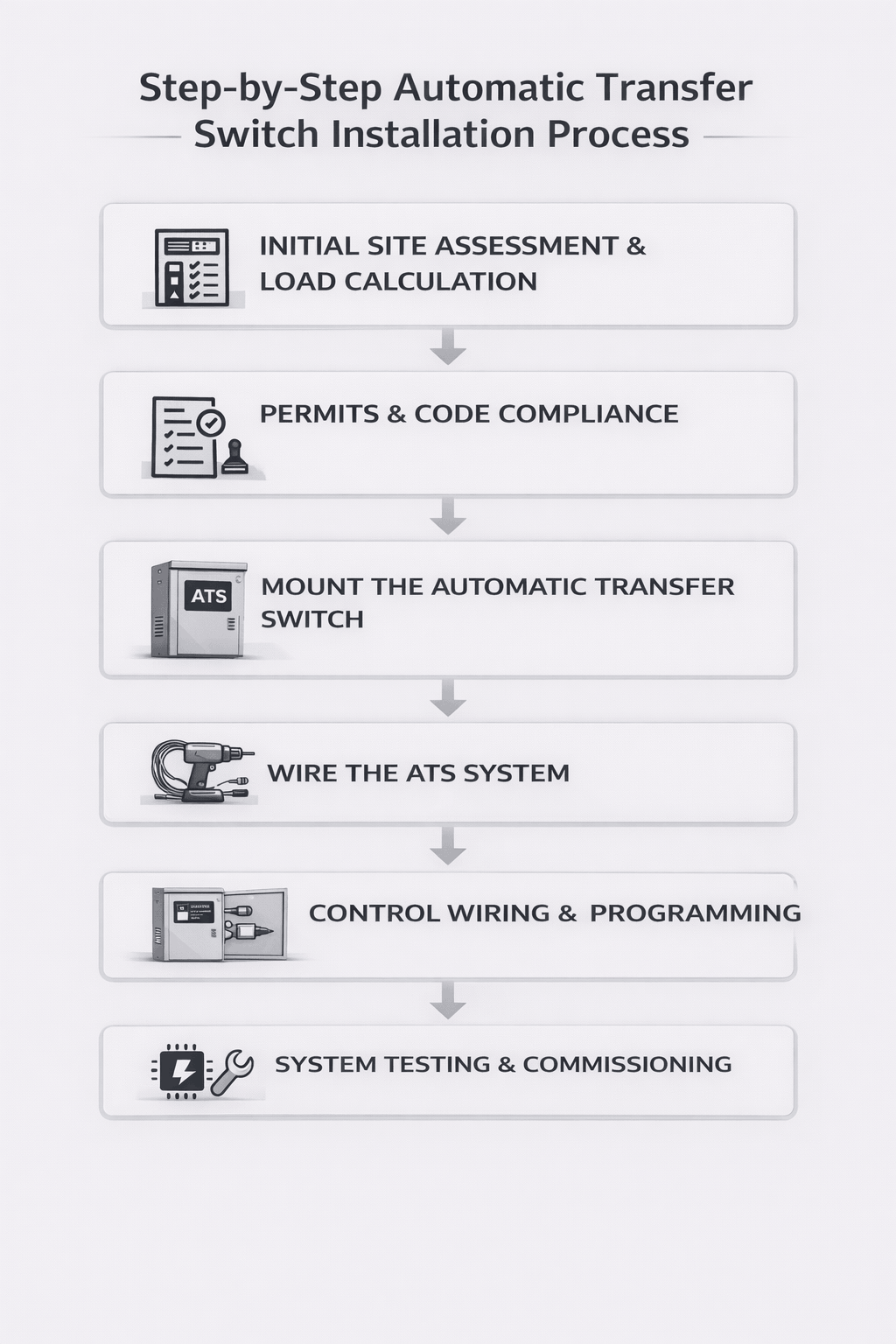 Minimalist flowchart showing automatic transfer switch installation steps from assessment to testing in clean grayscale design