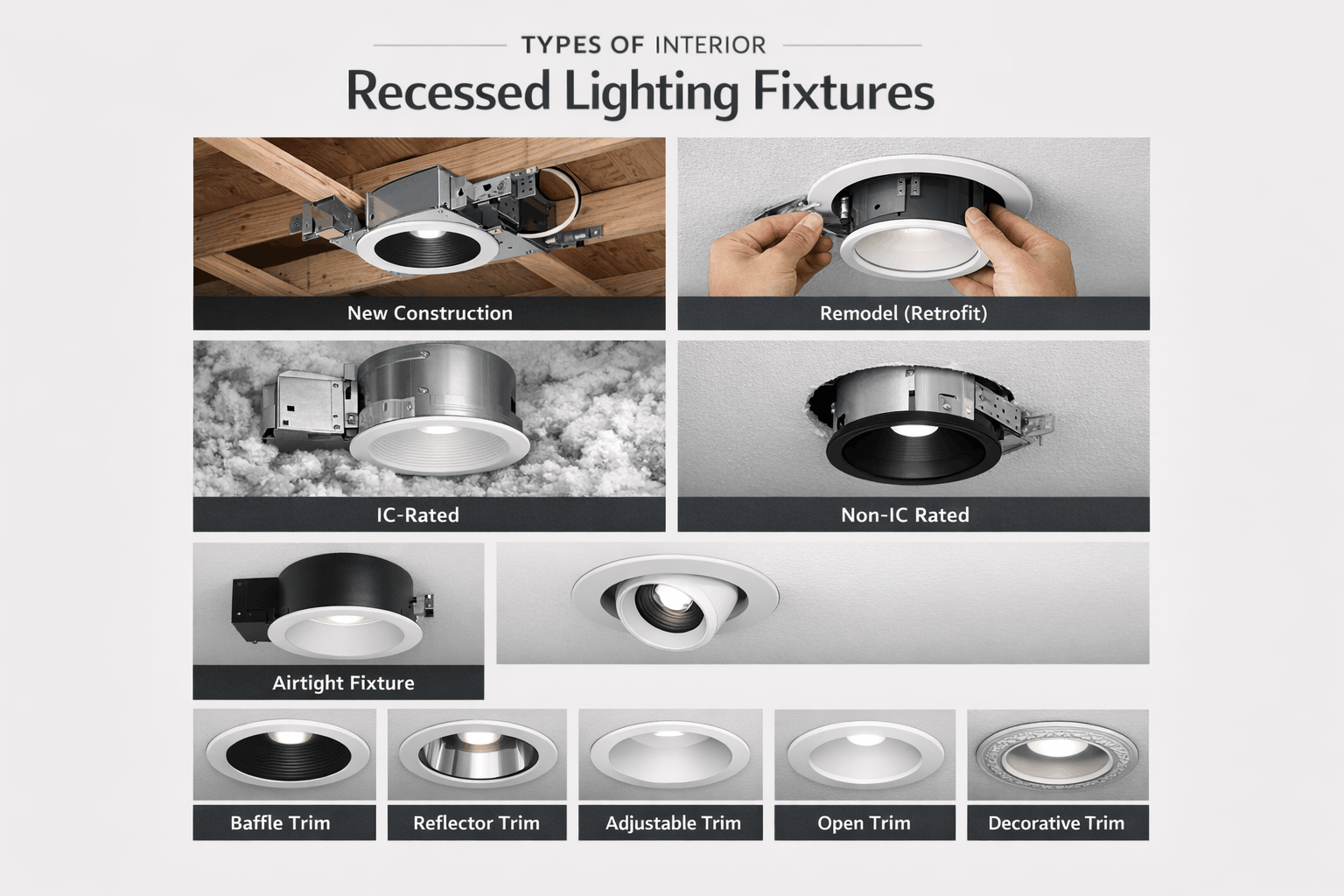 Minimalist photo collage showing types of interior recessed lighting fixtures, including new construction, remodel, IC-rated, airtight, and various trim styles in neutral tones.