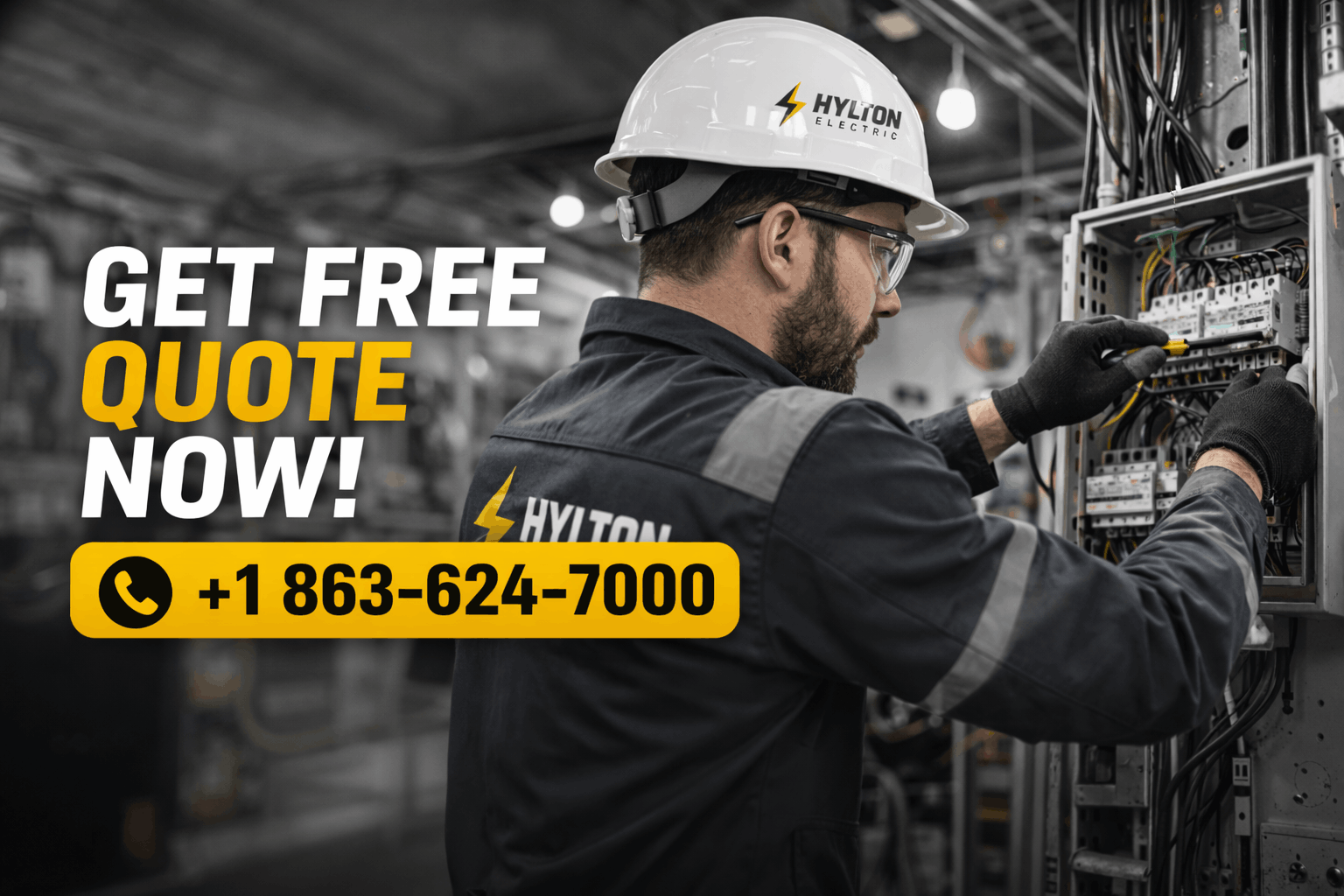 Electrician working on panel with bold “Get Free Quote Now” and phone number displayed prominently