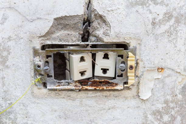 Damaged electric socket in old cement wall, rusty socket, dangerous point