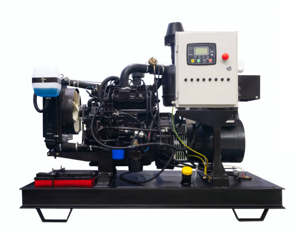 Mobile diesel motor electric generator isolated on white background, industry power energy engine concept