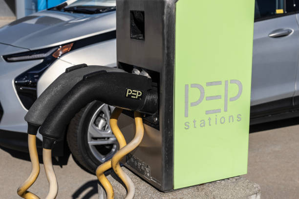 Indianapolis - November 19, 2023: PEP Stations EV Electric Vehicle charger. Each PEP Station is a dual Level 2 commercial charging station.