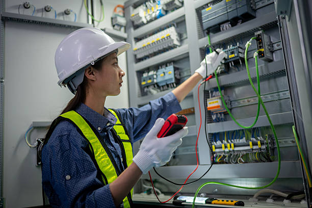 Industrial technicians working electrical control cabinet panel is well-organized for manufacturing, HVAC, or power distribution and organized technical environment.