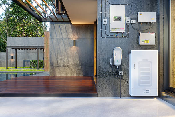 Residential battery energy storage system and electric vehicle charger installed on modern home exterior