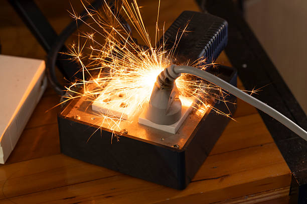 Electrical short circuit with sparks in a power strip. Overloaded socket fire hazard concept. Danger of electricity at home, faulty wiring and domestic accident prevention Filming in the studio