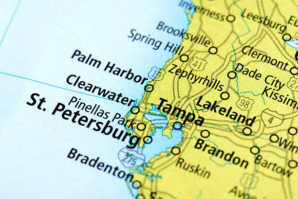 Map of St Petersburg and Tampa in Florida State, USA. Detail from the World Map.