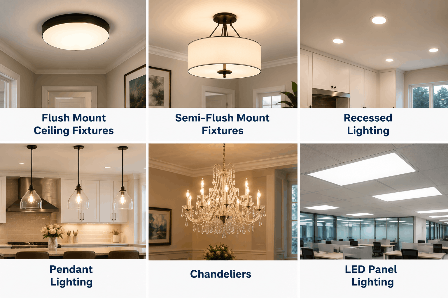 Modern infographic showing different types of ceiling light fixtures including flush mount, semi-flush mount, recessed lighting, pendant lighting, chandeliers, and LED panel lighting for homes and commercial spaces.