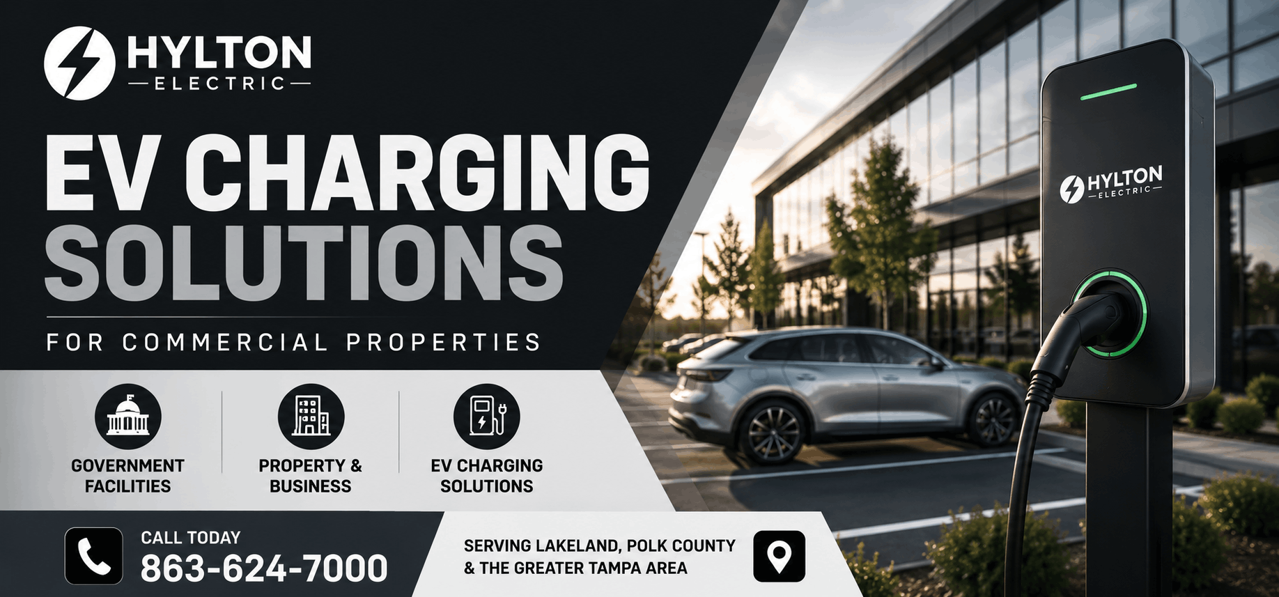 Minimalist CTA banner showing Hylton Electric service areas, EV charging solutions, and contact details for commercial electrical services