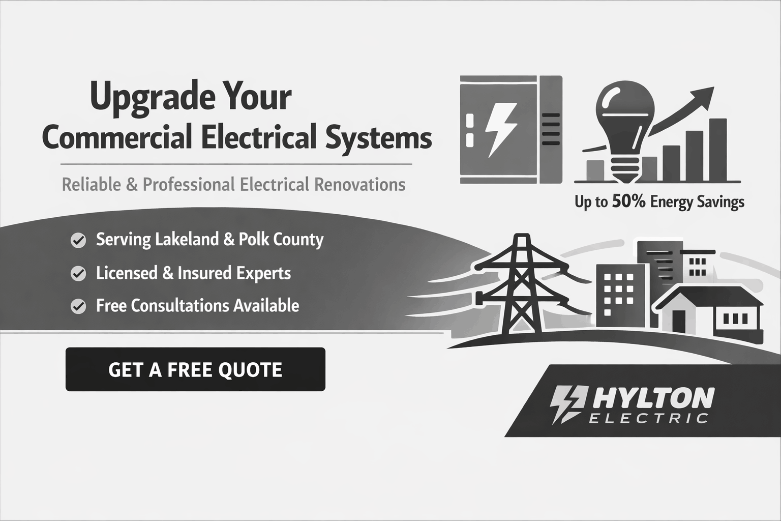 Commercial electrical renovation CTA banner with system upgrades, LED savings, panel upgrades, and a free quote for businesses in Lakeland