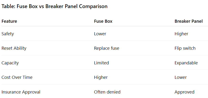 Table: Fuse Box vs Breaker Panel Comparison