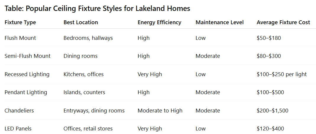 Table: Popular Ceiling Fixture Styles for Lakeland Homes