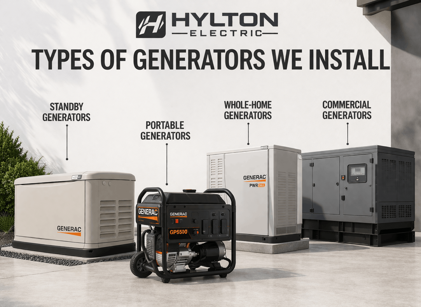 Minimalist grayscale collage showing four generator types—standby, portable, whole-home, and commercial—each labeled with clean, modern typography.